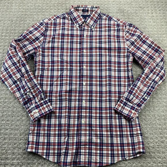 Tommy Hilfiger Shirt Men Size 15 32-33 Slim Fit Blue Red White Plaid Button Down - Picture 1 of 8
